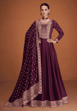 Picture of Shapely Silk Brown Anarkali Salwar Kameez