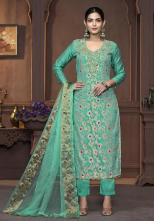 Picture of Elegant Cotton Dark Cyan Straight Cut Salwar Kameez