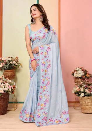 Picture of Nice Silk & Organza Light Steel Blue Saree