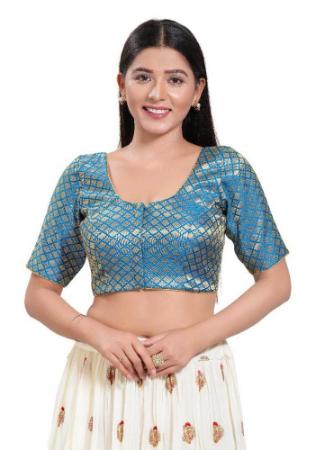 Picture of Pleasing Net & Silk Cadet Blue Designer Blouse