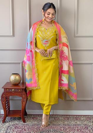 Picture of Silk Dark Golden Rod Straight Cut Salwar Kameez