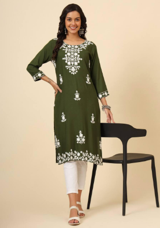 Picture of Delightful Rayon Dark Olive Green Kurtis & Tunic