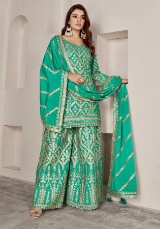 Picture of Admirable Chiffon Dark Cyan Straight Cut Salwar Kameez