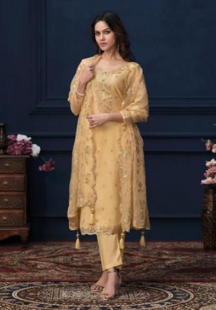 Picture of Chiffon & Organza Pale Golden Rod Straight Cut Salwar Kameez