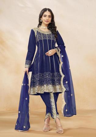 Picture of Net & Silk Midnight Blue Straight Cut Salwar Kameez