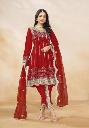 Picture of Net & Silk Fire Brick Straight Cut Salwar Kameez