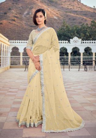 Picture of Good Looking Silk & Organza Pale Golden Rod Saree