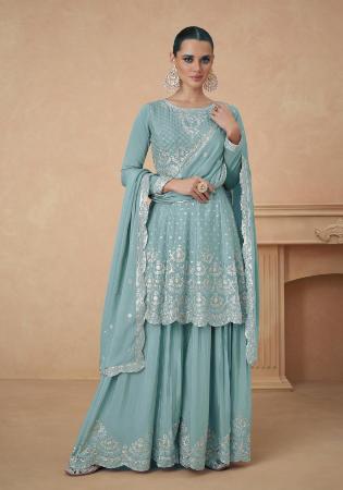 Picture of Chiffon Cadet Blue Straight Cut Salwar Kameez