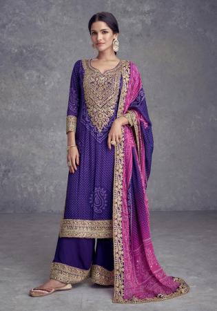 Picture of Chiffon & Silk Dark Slate Blue Straight Cut Salwar Kameez