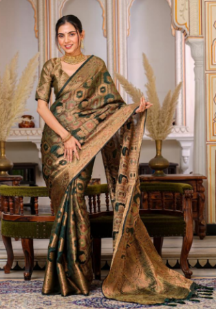 Picture of Good Looking Organza Dark Olive Green Saree