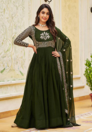 Picture of Excellent Georgette Dark Olive Green Readymade Gown