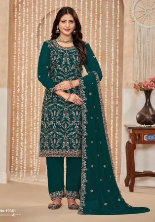 Picture of Georgette Dark Green Straight Cut Salwar Kameez