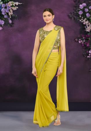 Picture of Sightly Crepe & Silk & Organza Golden Rod Saree