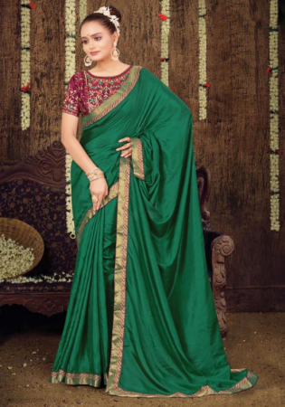 Picture of Excellent Silk Dark Green Saree