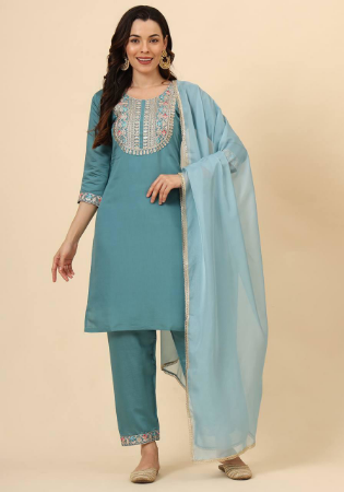 Picture of Elegant Silk Cadet Blue Readymade Salwar Kameez