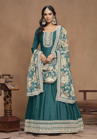 Picture of Exquisite Silk Teal Anarkali Salwar Kameez