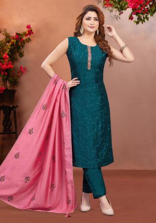 Picture of Exquisite Silk Teal Readymade Salwar Kameez