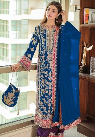 Picture of Chiffon & Silk Navy Blue Straight Cut Salwar Kameez