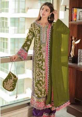 Picture of Chiffon & Silk Olive Drab Straight Cut Salwar Kameez