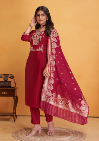 Picture of Enticing Silk Fire Brick Readymade Salwar Kameez