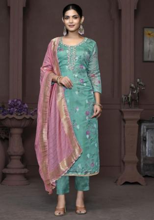 Picture of Chiffon & Organza Cadet Blue Straight Cut Salwar Kameez