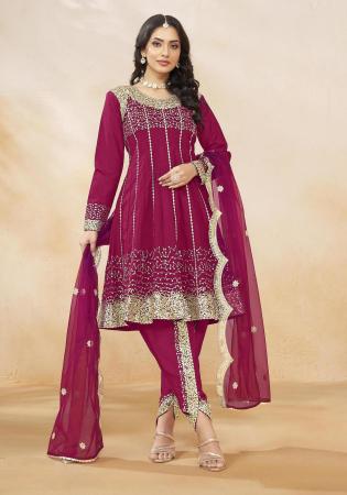 Picture of Net & Silk Dark Red Straight Cut Salwar Kameez