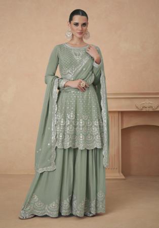 Picture of Chiffon Dark Sea Green Straight Cut Salwar Kameez