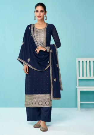 Picture of Georgette Navy Blue Straight Cut Salwar Kameez