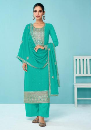 Picture of Georgette Dark Cyan Straight Cut Salwar Kameez