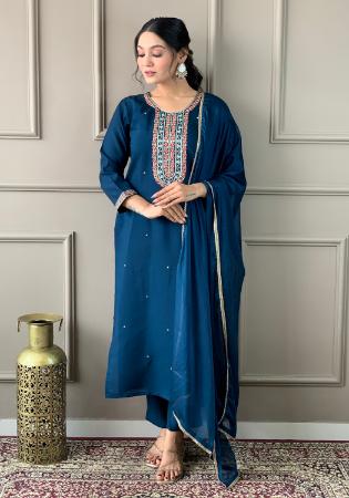 Picture of Good Looking Silk Teal Readymade Salwar Kameez