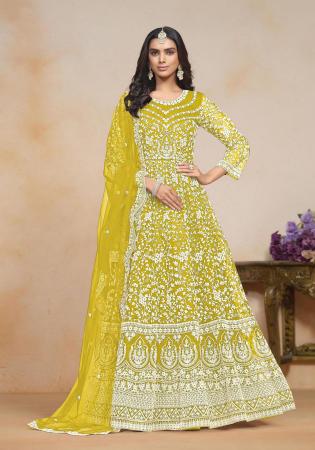 Picture of Beautiful Net Golden Rod Anarkali Salwar Kameez