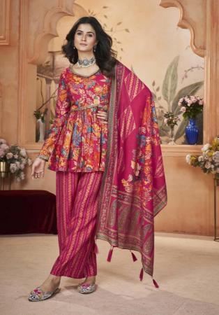 Picture of Ravishing Silk Fire Brick Straight Cut Salwar Kameez