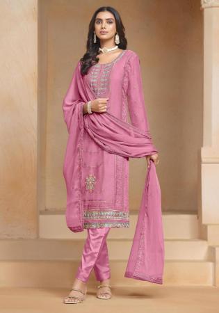 Picture of Chiffon & Organza Light Coral Straight Cut Salwar Kameez