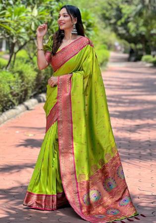 Picture of Well Formed Silk Yellow Green Saree