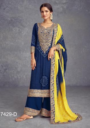 Picture of Chiffon & Silk Dark Slate Blue Straight Cut Salwar Kameez