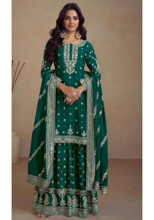 Picture of Well Formed Silk Dark Green Straight Cut Salwar Kameez