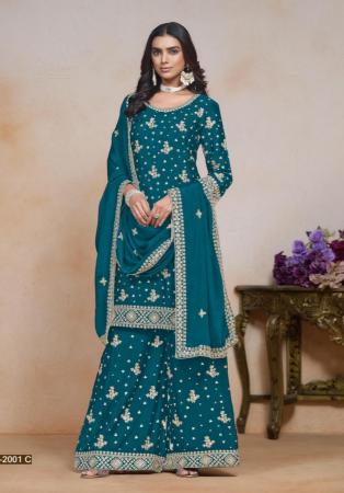 Picture of Beautiful Chiffon Teal Straight Cut Salwar Kameez