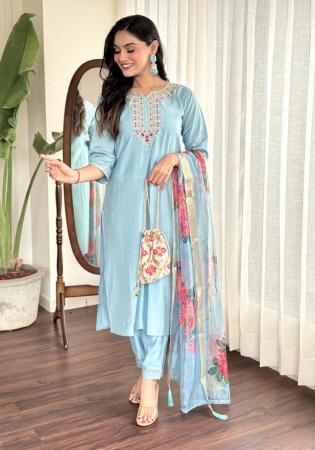 Picture of Chiffon Light Steel Blue Straight Cut Salwar Kameez