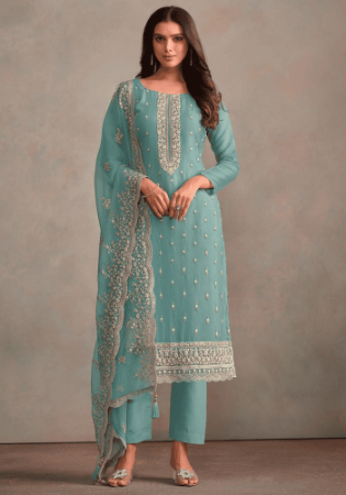 Picture of Organza Cadet Blue Straight Cut Salwar Kameez