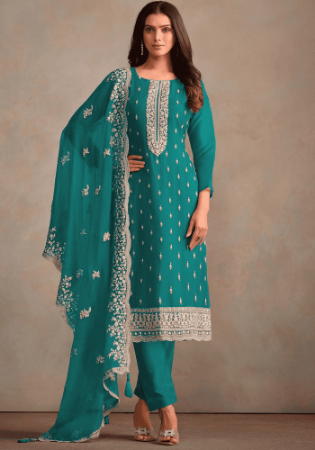 Picture of Wonderful Organza Dark Cyan Straight Cut Salwar Kameez