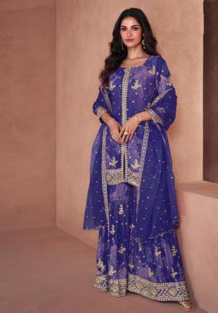 Picture of Georgette Dark Slate Blue Straight Cut Salwar Kameez