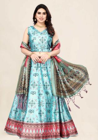 Picture of Pretty Satin & Silk Pale Turquoise Lehenga Choli