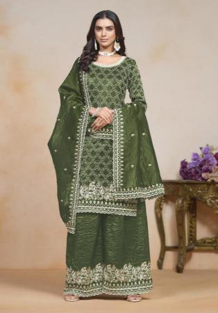 Picture of Chiffon Dark Olive Green Straight Cut Salwar Kameez