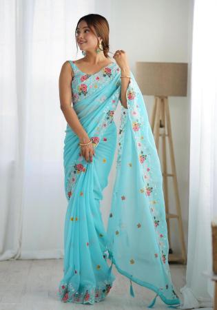 Picture of Charming Georgette Medium Turquoise Saree