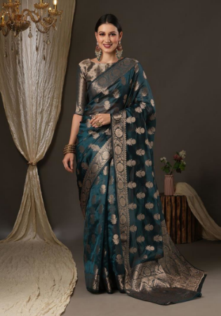 Picture of Pretty Cotton & Silk & Organza Dark Blue Saree