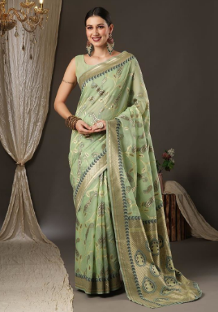 Picture of Charming Cotton & Silk & Organza Dark Sea Green Saree