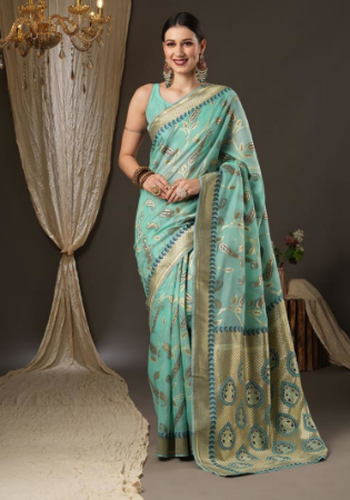 Picture of Stunning Cotton & Silk & Organza Dark Sea Green Saree