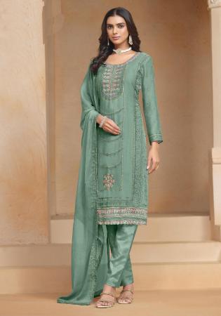 Picture of Chiffon & Organza Cadet Blue Straight Cut Salwar Kameez