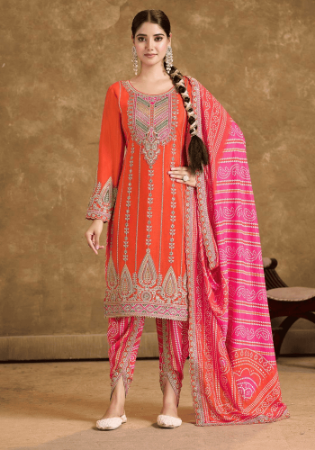 Picture of Elegant Chiffon Tomato Straight Cut Salwar Kameez