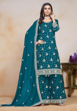 Picture of Pleasing Chiffon Teal Straight Cut Salwar Kameez